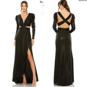 NWT Mac Duggal | Black Princess Sleeve Cut Out Metallic Gown